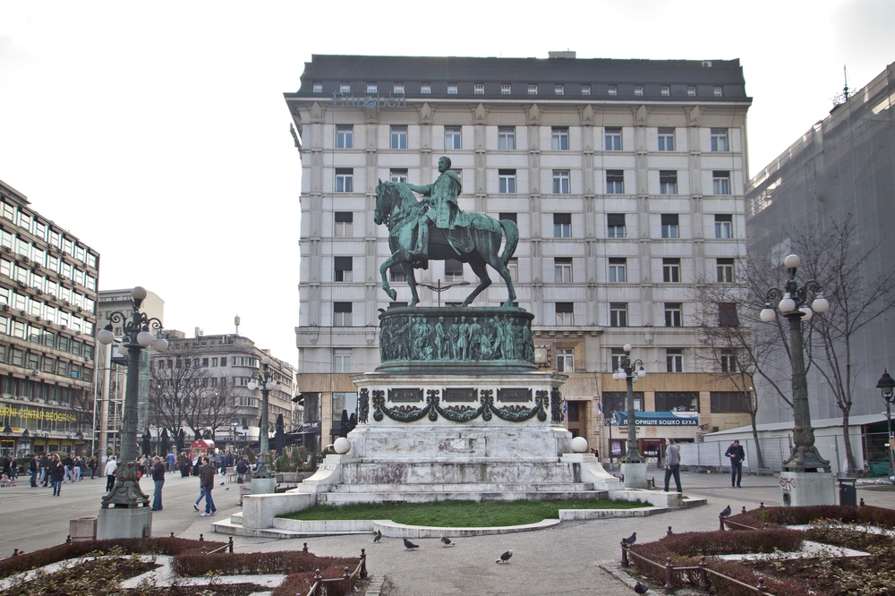 Republic Square with the statue of Prince Mihailo Belgrad Serbia